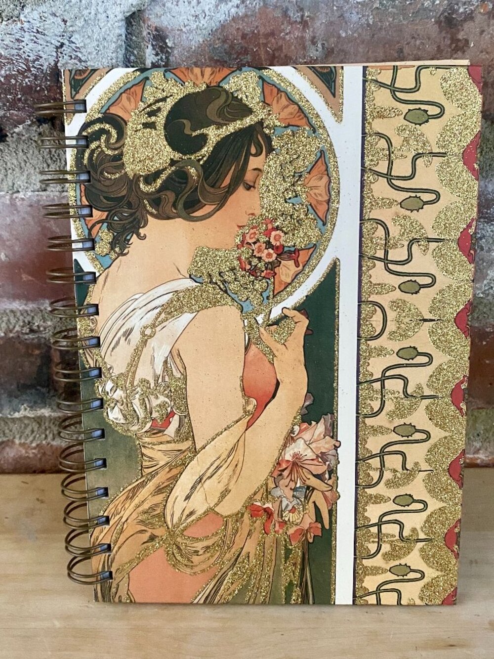 Notebook: cover artwork by  Alphonse Mucha, embellished with gold glitter, new!